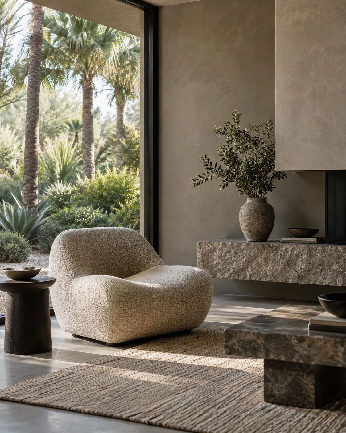 Illustrative quiet architectural interior overlooking a garden